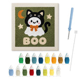 Contenu du kit punch needle fantôme en chat : toile sur cadre, aiguilles et fils de laine