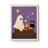 Punch Needle Halloween Fantôme et Hibou : tableau brodé terminé sur son cadre
