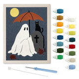 Contenu du kit punch needle fantôme et tombe : toile sur cadre, aiguilles et fils de laine