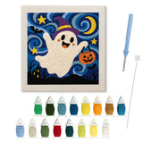 Contenu du kit punch needle fantôme : toile sur cadre, aiguilles et fils de laine