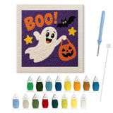 Contenu du kit punch needle fantôme farceur : toile sur cadre, aiguilles et fils de laine