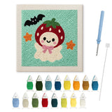 Contenu du kit punch needle fantôme fraise : toile sur cadre, aiguilles et fils de laine