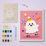 Toile imprimée numérotée et tableau punch needle fantôme gourmand terminé