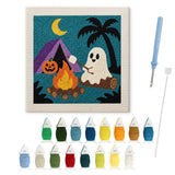Contenu du kit punch needle feu de camp : toile sur cadre, aiguilles et fils de laine