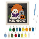 Contenu du kit punch needle Halloween : toile sur cadre, aiguilles et fils de laine
