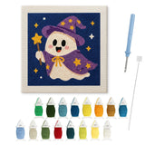 Contenu du kit punch needle Halloween fantôme magicien : toile sur cadre, aiguilles et fils de laine