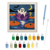 Contenu du kit punch needle Halloween : toile sur cadre, aiguilles et fils de laine