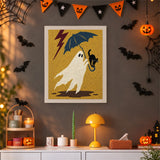 Tableau punch needle fantôme dans l'orage accroché au mur dans une déco d'Halloween