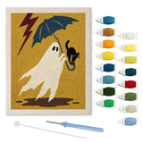 Contenu du kit punch needle fantôme orage : toile sur cadre, aiguilles et fils de laine