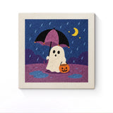 Punch Needle Halloween Fantôme Pluie : tableau brodé terminé sur son cadre