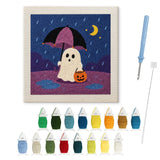 Contenu du kit punch needle Halloween fantôme pluie : toile sur cadre, aiguilles et fils de laine
