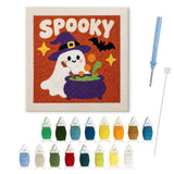 Contenu du kit punch needle fantôme chaudron : toile sur cadre, aiguilles et fils de laine