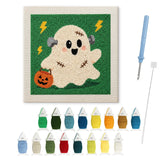 Contenu du kit punch needle Halloween fantôme recousu : toile sur cadre, aiguilles et fils de laine