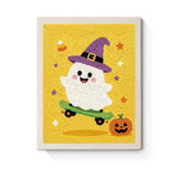 Punch Needle Halloween Fantôme Skateur : tableau brodé terminé sur son cadre