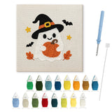 Contenu du kit punch needle Halloween fantôme sorcière : toile sur cadre, aiguilles et fils de laine