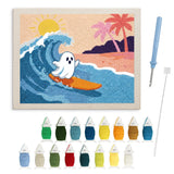 Contenu du kit punch needle fantôme tropical : toile sur cadre, aiguilles et fils de laine