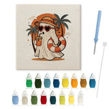 Contenu du kit punch needle Halloween fantôme vacances : toile sur cadre, aiguilles et fils de laine