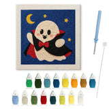 Contenu du kit punch needle Halloween fantôme vampire : toile sur cadre, aiguilles et fils de laine