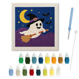 Contenu du kit punch needle Halloween fantôme volant : toile sur cadre, aiguilles et fils de laine