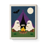 Punch Needle Halloween Fantômes Camping : tableau brodé terminé sur son cadre
