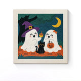 Punch Needle Halloween Fantômes et Chat : tableau brodé terminé sur son cadre