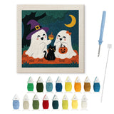 Contenu du kit punch needle fantômes et chat : toile sur cadre, aiguilles et fils de laine