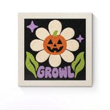 Punch Needle Halloween Fleur Citrouille : tableau brodé terminé sur son cadre