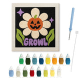 Contenu du kit punch needle fleur citrouille : toile sur cadre, aiguilles et fils de laine