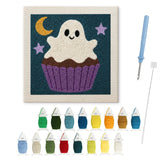 Contenu du kit punch needle gâteau : toile sur cadre, aiguilles et fils de laine