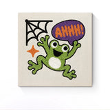 Punch Needle Halloween Grenouille Cri : tableau brodé terminé sur son cadre