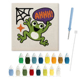 Contenu du kit punch needle grenouille cri : toile sur cadre, aiguilles et fils de laine