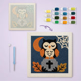 Toile imprimée numérotée et tableau punch needle hibou sur sa tombe terminé