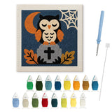 Contenu du kit punch needle hibou d'Halloween : toile sur cadre, aiguilles et fils de laine