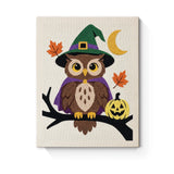 Punch Needle Halloween Hibou Sorcier : tableau brodé terminé sur son cadre