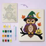Toile imprimée numérotée et tableau punch needle hibou au chapeau terminé