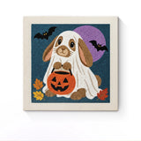 Punch Needle Halloween Lapin Fantôme : tableau brodé terminé sur son cadre