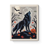 Punch Needle Halloween Loup des Bois : tableau brodé terminé sur son cadre