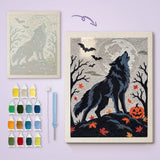 Toile imprimée numérotée et tableau punch needle loup des bois terminé