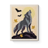 Punch Needle Halloween Loup Hurlant : tableau brodé terminé sur son cadre