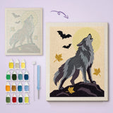 Toile imprimée numérotée et tableau punch needle loup gris terminé