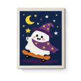 Punch Needle Halloween Mage en Skate : tableau brodé terminé sur son cadre