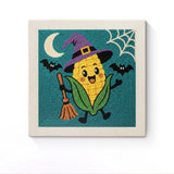 Punch Needle Halloween Maïs Sorcière : tableau brodé terminé sur son cadre