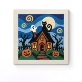 Punch Needle Halloween Maison Chat Noir : tableau brodé terminé sur son cadre