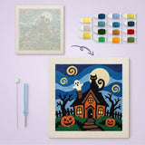 Toile imprimée numérotée et tableau punch needle maison chat noir terminé