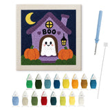 Contenu du kit punch needle Halloween : toile sur cadre, aiguilles et fils de laine