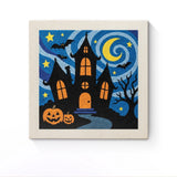 Punch Needle Halloween Manoir Illuminé : tableau brodé terminé sur son cadre