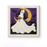 Punch Needle Halloween Mariée Fantôme : tableau brodé terminé sur son cadre