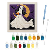 Contenu du kit punch needle mariée fantôme : toile sur cadre, aiguilles et fils de laine