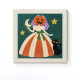 Punch Needle Halloween Mariée Potiron : tableau brodé terminé sur son cadre