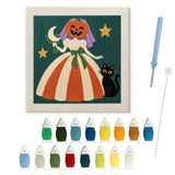 Contenu du kit punch needle mariée Halloween : toile sur cadre, aiguilles et fils de laine